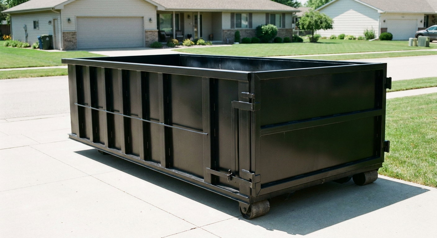 Matte-black 10-yard roll-off dumpster on a residential concrete driveway in Paterson, uniformly painted matte black across every panel and rail, ribbed steel sidewalls and rear swing door visible, mid-day daylight.
