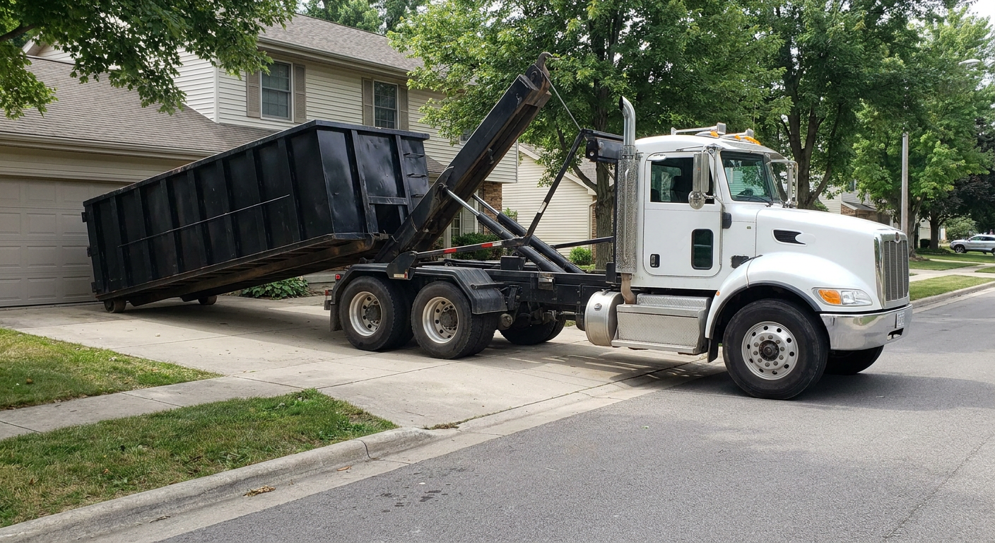 White-cab hooklift roll-off truck actively lowering a matte-black dumpster onto a Paterson residential concrete driveway, the dumpster's rear wheels touching the driveway as the hoist arm tilts the bed forward, mid-morning daylight.
