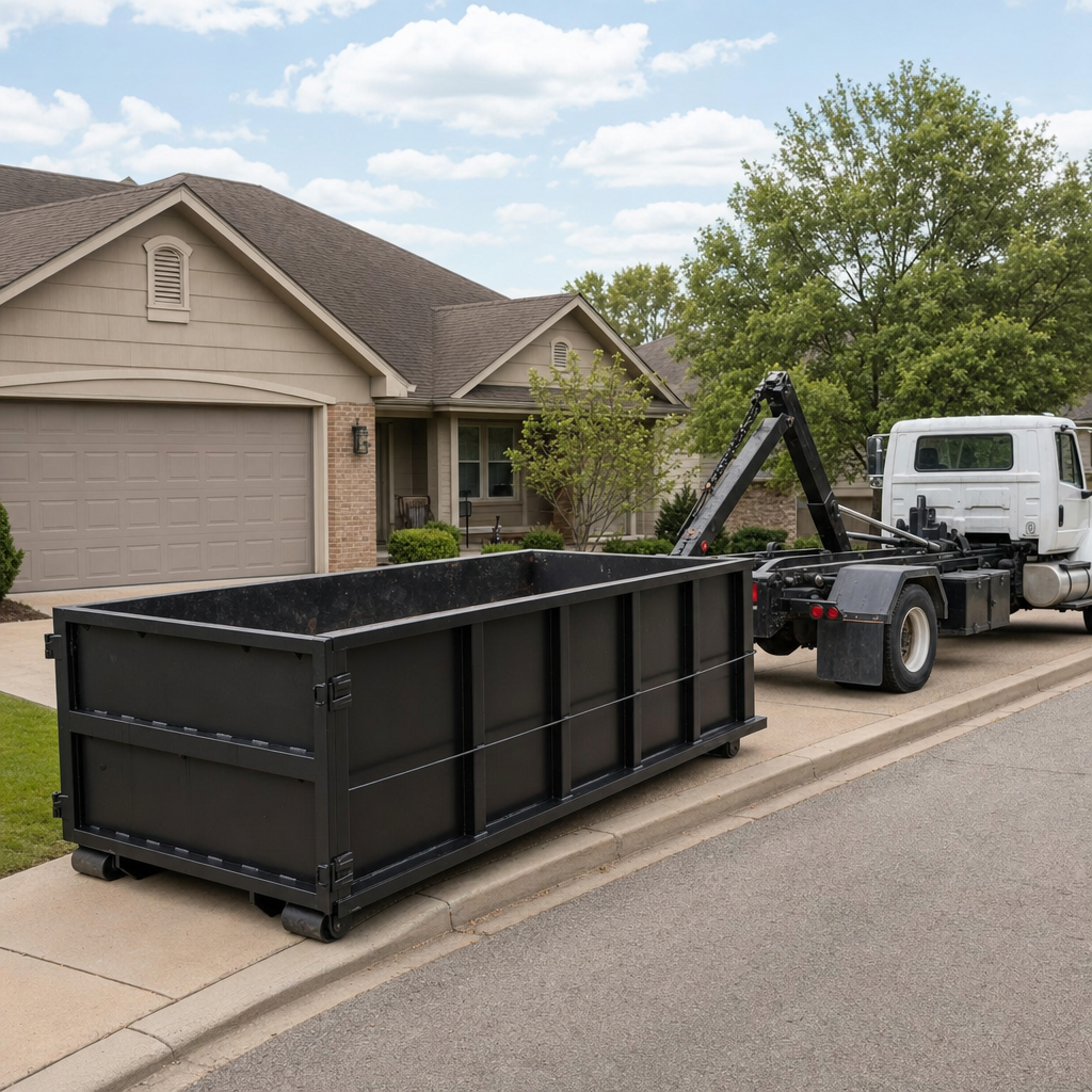 Wide documentary shot of a matte-black roll-off dumpster on a Paterson residential driveway in the foreground and a contractor jobsite container in the soft-focus background, bright daylight, calm and orderly composition.